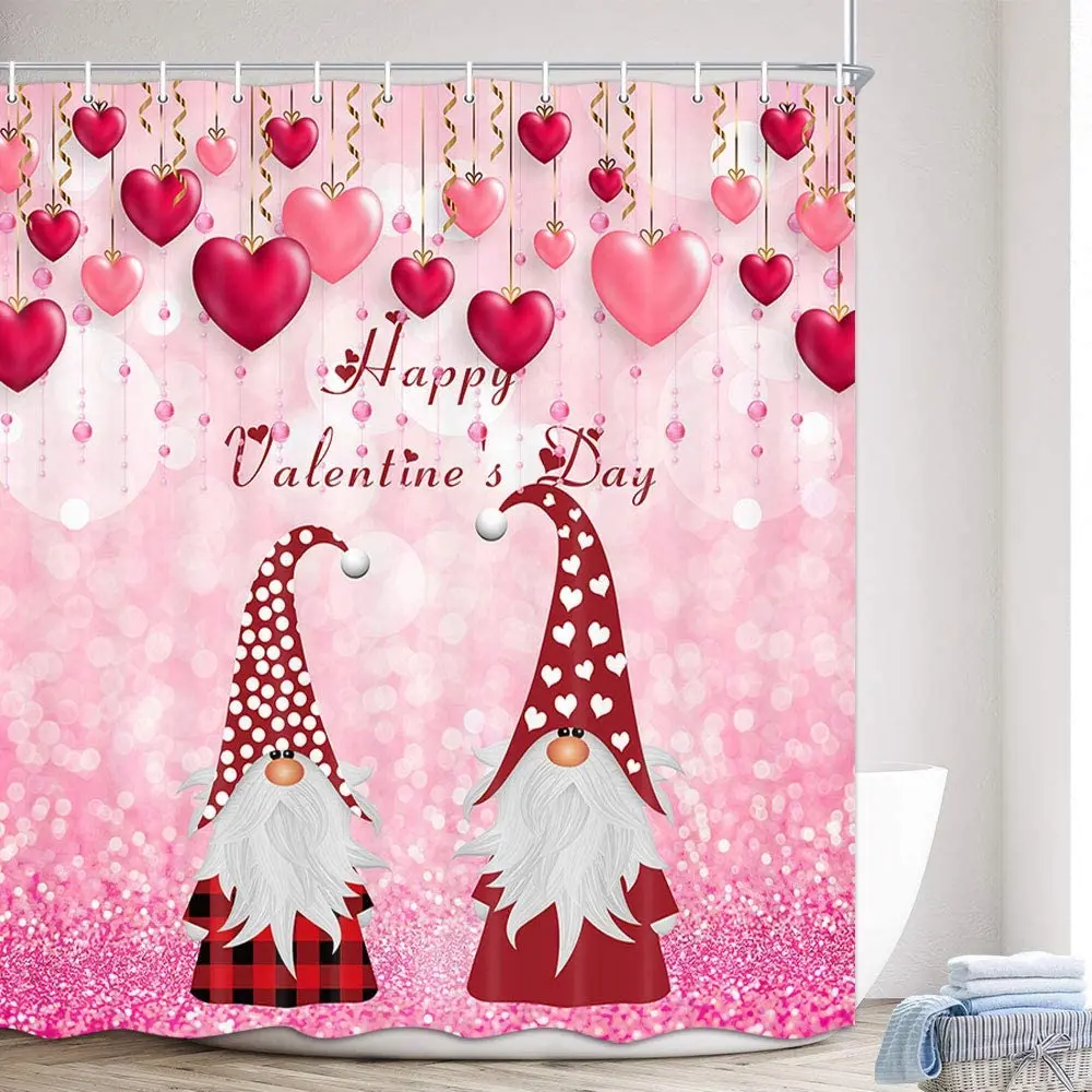 

Valentine's Day Shower Curtain Valentines Day Blush Red Pink Loving Hearts with Cute Buffalo Plaid Gnome Romantic Bath Curtain