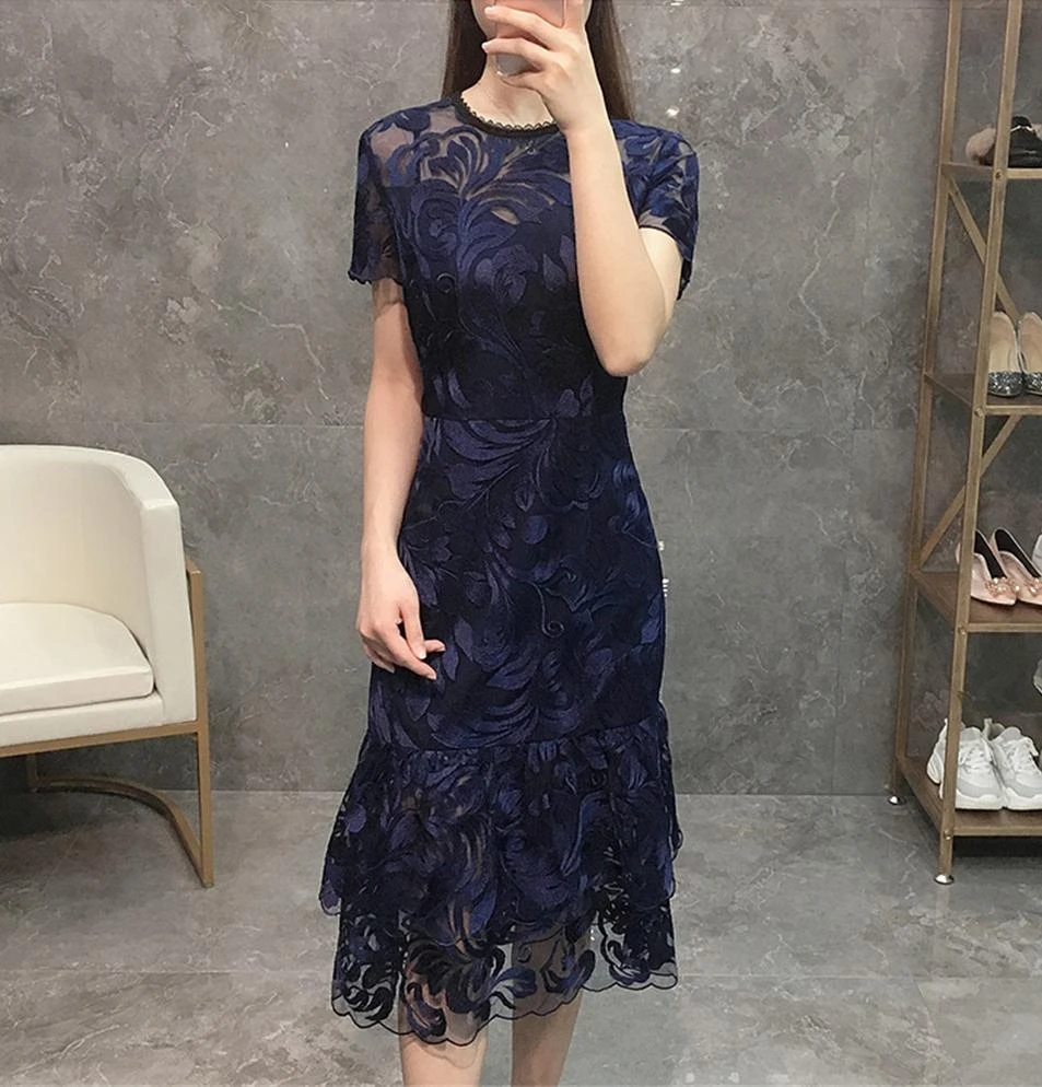 dark blue High End высокого качества, цвет: голубой 3D цветок платье-рыбий хвост платья Для женщин, летняя футболка с вышивкой Vestido De Renda длинные кружевные вечерние Robe Femme - Цвет: dark blue