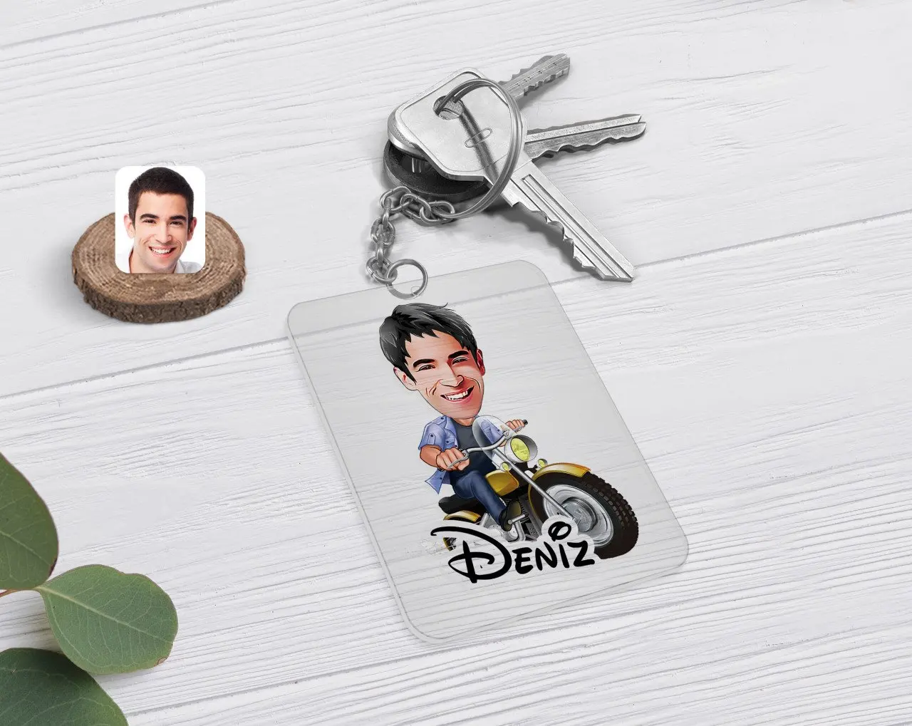 

Personalized Men 'S Biker Caricature Of Transparent Plexiglass keychain