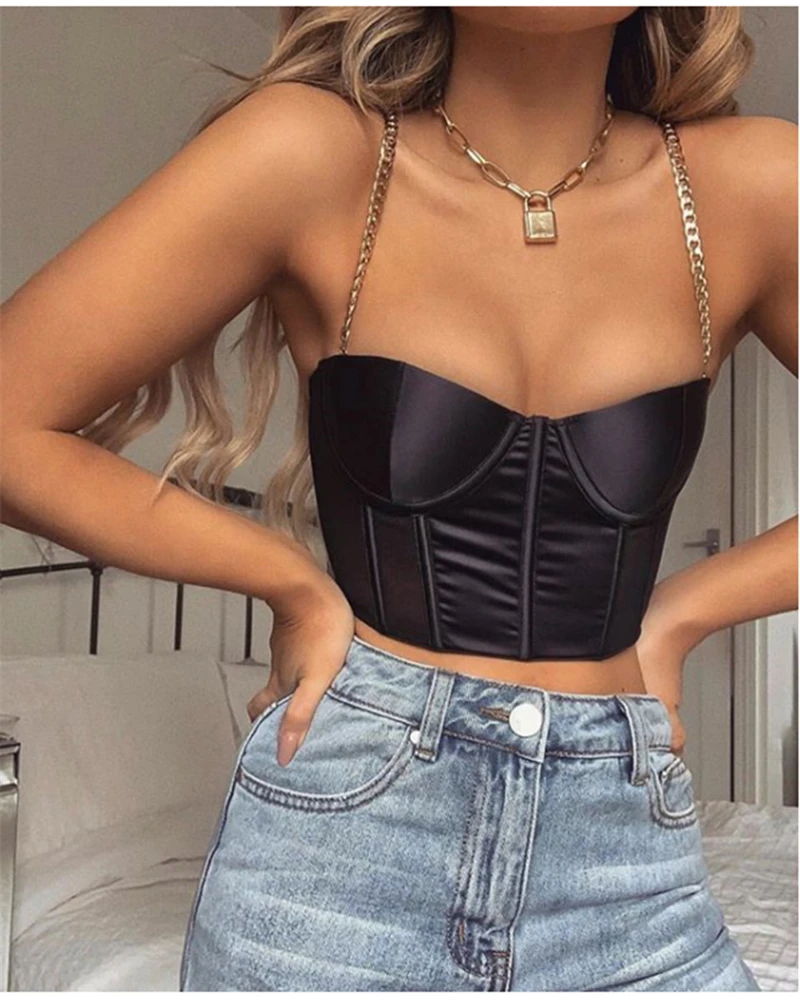 

Chain Spagetti Strap Camisole Women Solid Color Vest Crop Tops Sexy Lady Low-cut Padded Short Camis Clubwear Summer Fashion Top