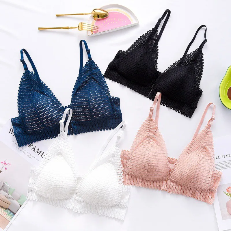 

2020 Sexy Lace Wireless French Front Closure Bras For Women Sexy Lingerie Comfort Push Up Bra Adjusted Seamless Backless A