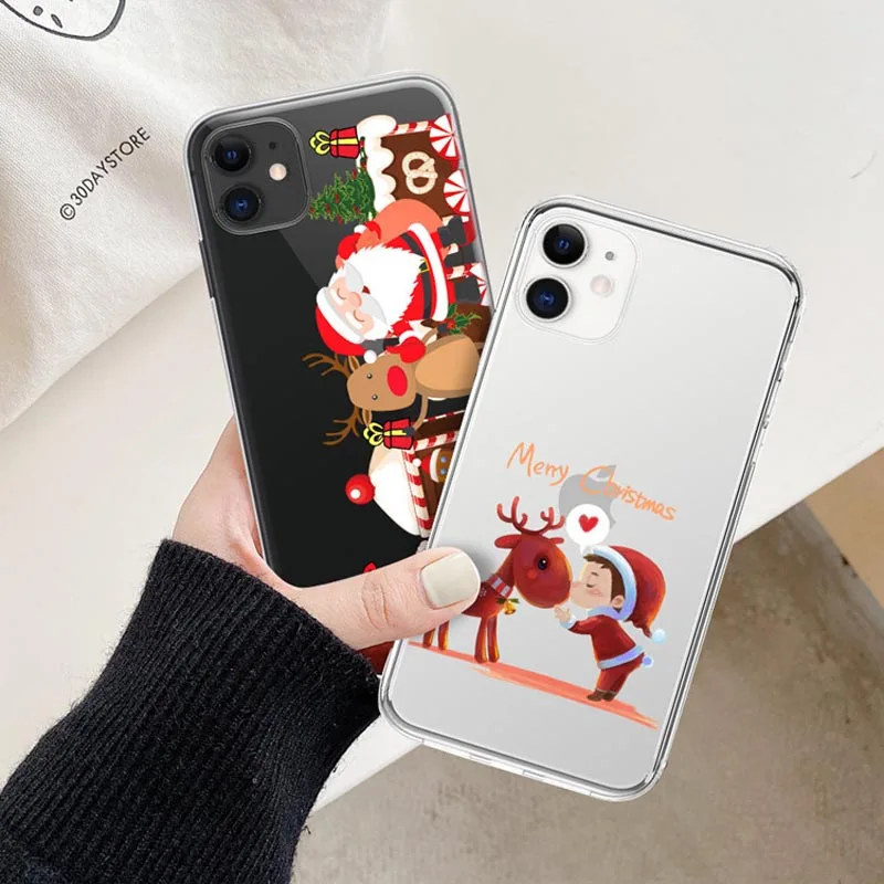 USLION Cartoon Christmas Santa Reindeer Tree Phone Cover For iPhone 12 13 11 Pro Max X XR XS Max 7 8 Plus Soft Silicone TPU Case