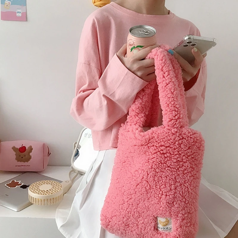

Women Plush Handbag Lady Top Handle Casual Tote Shopping Bags Purse