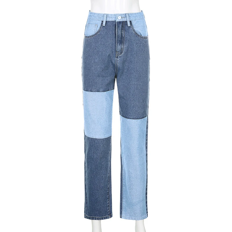 

2021 Splicing autumn Winter Harajuku Bottom Boyfriend Jeans Loose Panelled Fashion High Waist Jeans Denim Women Pants Hip Hop