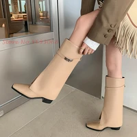 square toe crocodile long boots women slip on shoes funky high block heels solid knee high boots casual british style winter