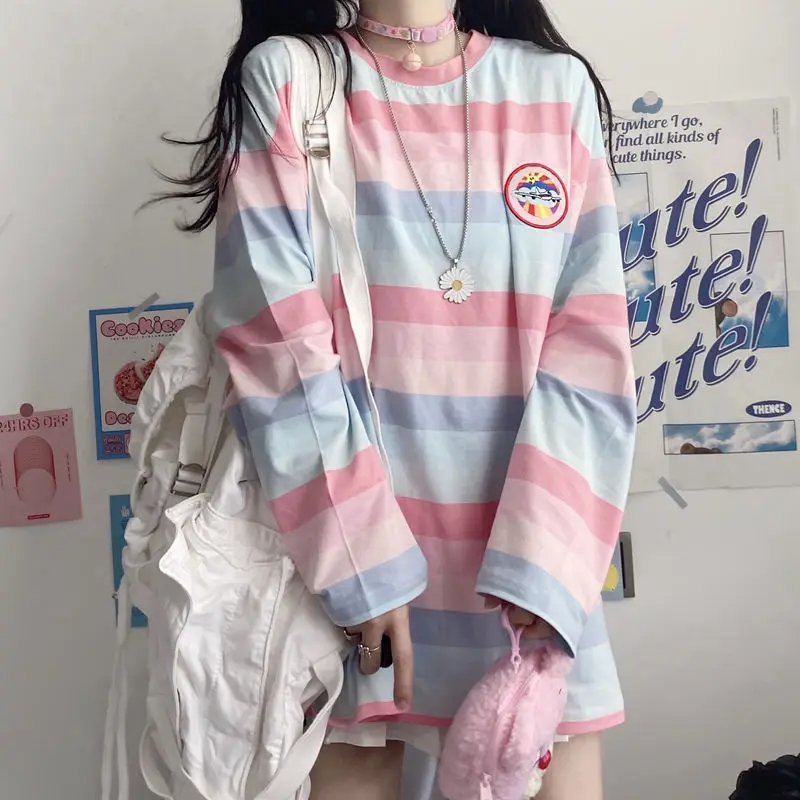 

2021 New Spring Women T-shirt Long sleeve Loose Harajuku Sweet Cute Color stripes Thin female tops pullovers Causal