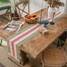 Christmas Runner Dinning Table Decoration Flag Cotton Hemp Stripe Splicing Woven Tassel American Style Fabric Home Textile (4)