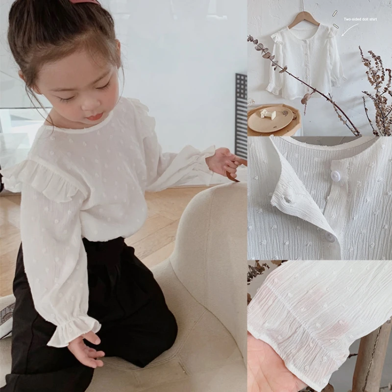 

Bobora Children White Chiffon Shirts Girls Spring Fashion Sweet Cotton Double-Sided Doll Shirts Kids Casual Shirts Tops 3-9Y