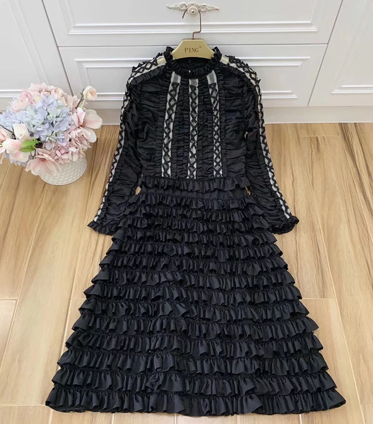 2019 осеннее женское многослойное винтажное черное миди-платье с рюшами и длинным