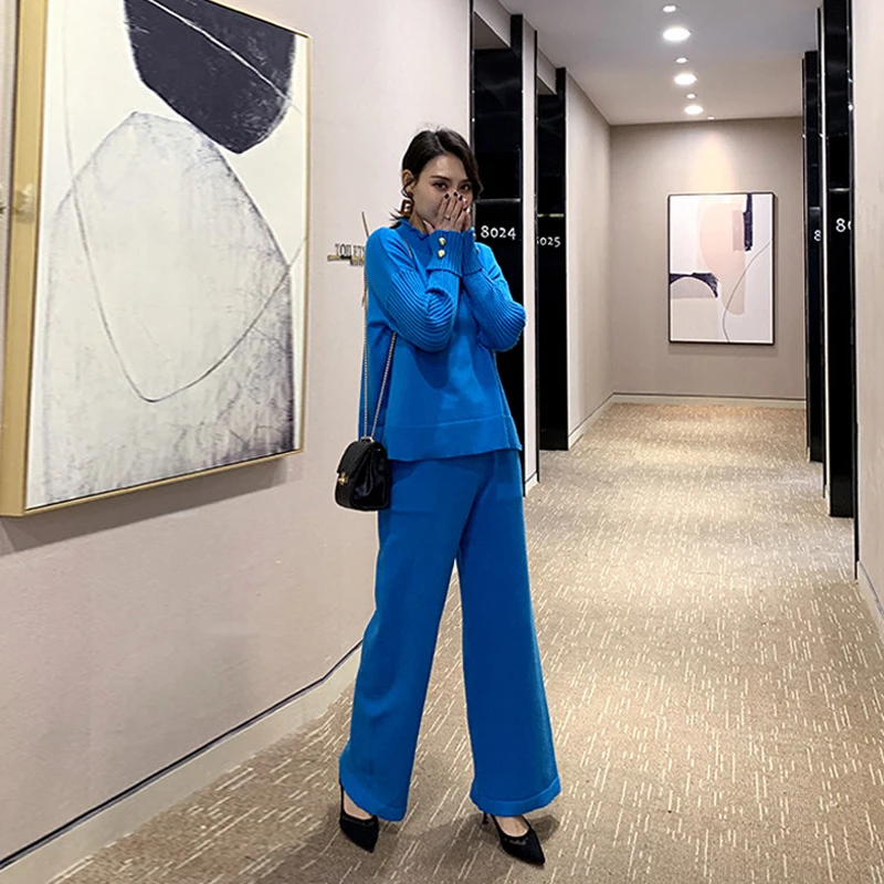 

Women's Autumn and Winter female blue Knitted Tracksuits Thick Warm O-Neck 2 pieces set Sweater