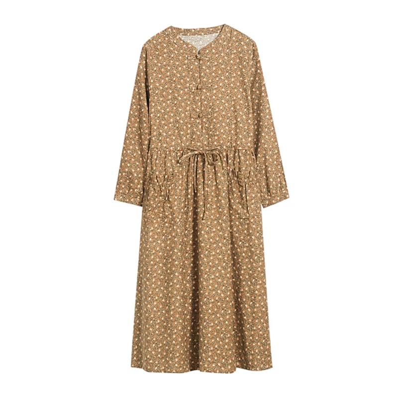 

2021 Spring Classy Casual 3XL Plus Size Midi Dresses Autumn Loose Vintage Print Cotton and Linen Dresses Women Bodycon Vestidos