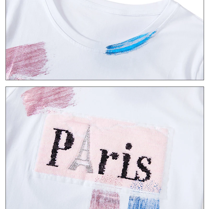

Poleras Mujer De Moda 2020 Cotton T-Shirt Letter Print Sequins T Shirt Women Summer Womens Tops Korean Clothes Tee Shirt Femme