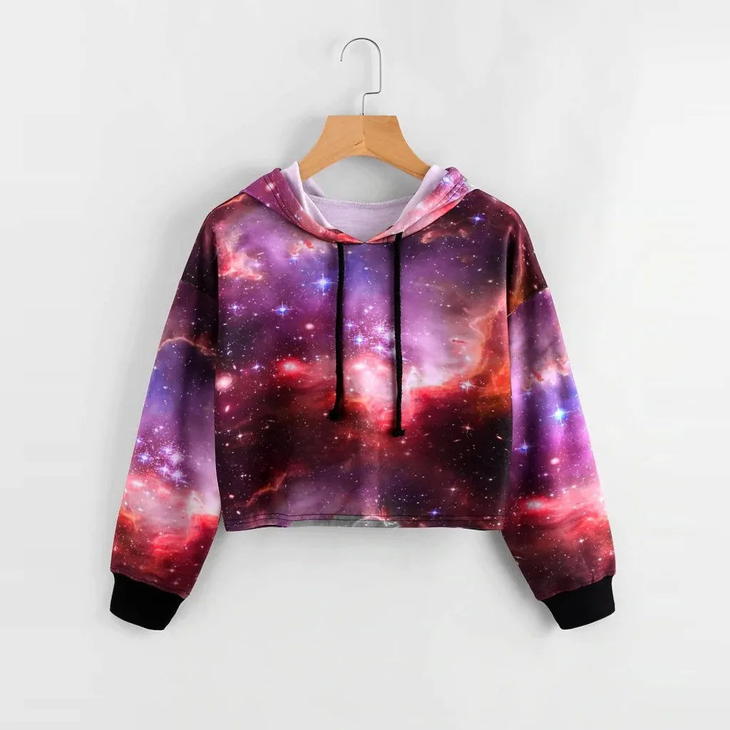 Женские короткие худи с 3D принтом звездного неба Осенние повседневные толстовки