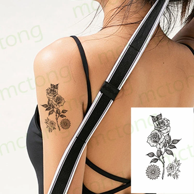 

Waterproof Temporary Tattoo Sticker Triangle Sketch Rose Flower Peony Body Art Foot Arm Fake Tatto Flash Tatoo for Women Men