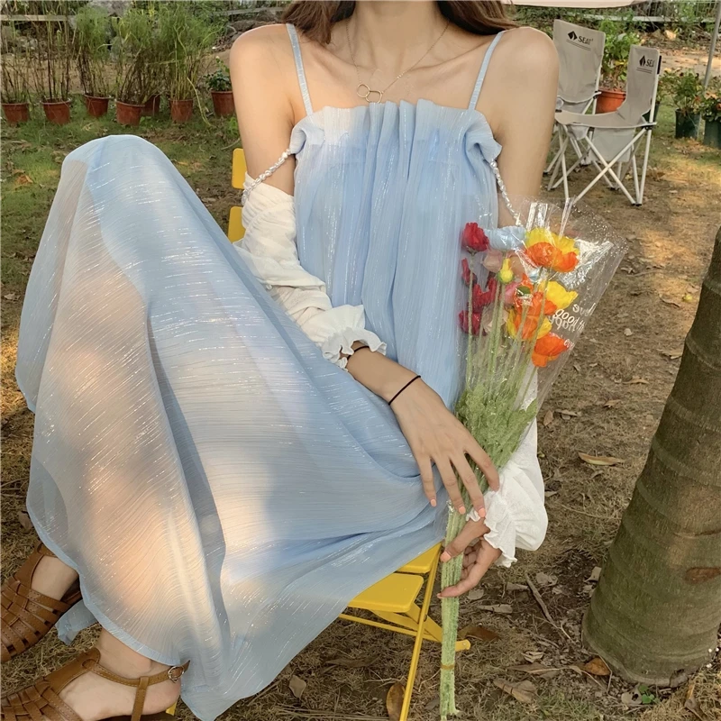 

2021 Summer Boho Sweet Beach Midi Dress Women Elegant Vintage Pure Collor Strap Dress Female Party One Piece Dress Korean Chic