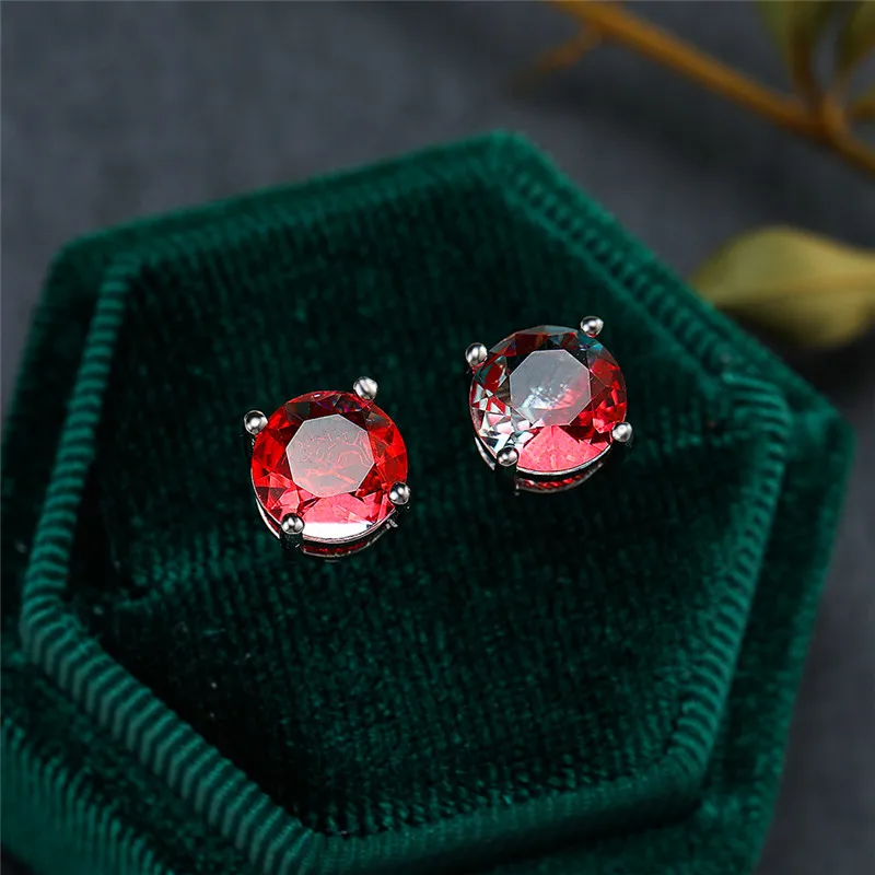 

Dainty Female Rainbow Crystal Small Earring Classic Silver Color Wedding Earrings For Women Charm Round Spiral Stud Earrings