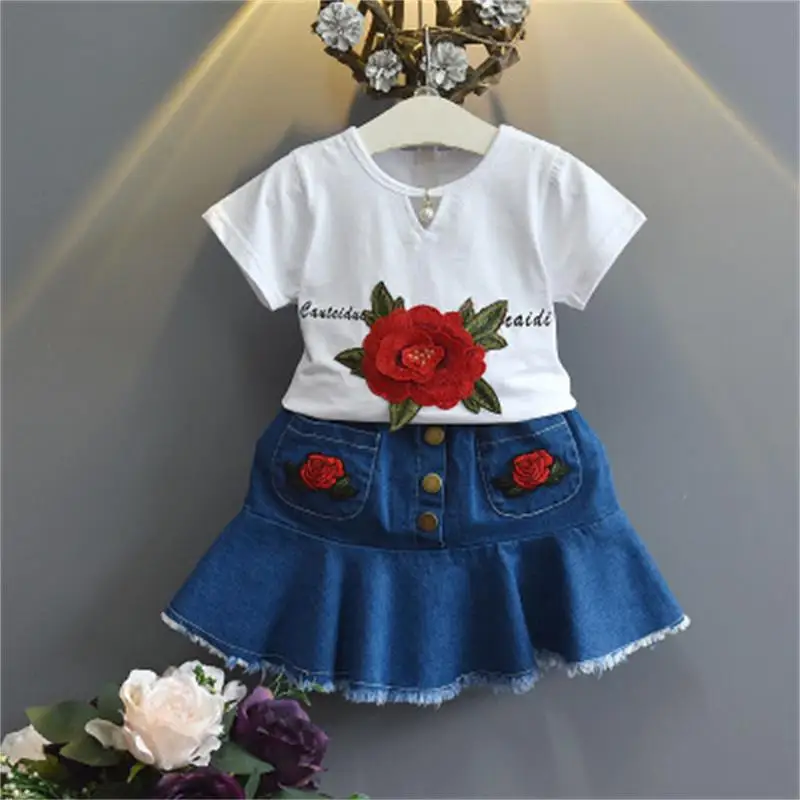 

Baby Girls Clothes Summer Toddler Girls Clothes Flower T-shirt+Denim Skirt Set Tracksuit Suit For Baby Kids Outfits 2 6 7 8 Year