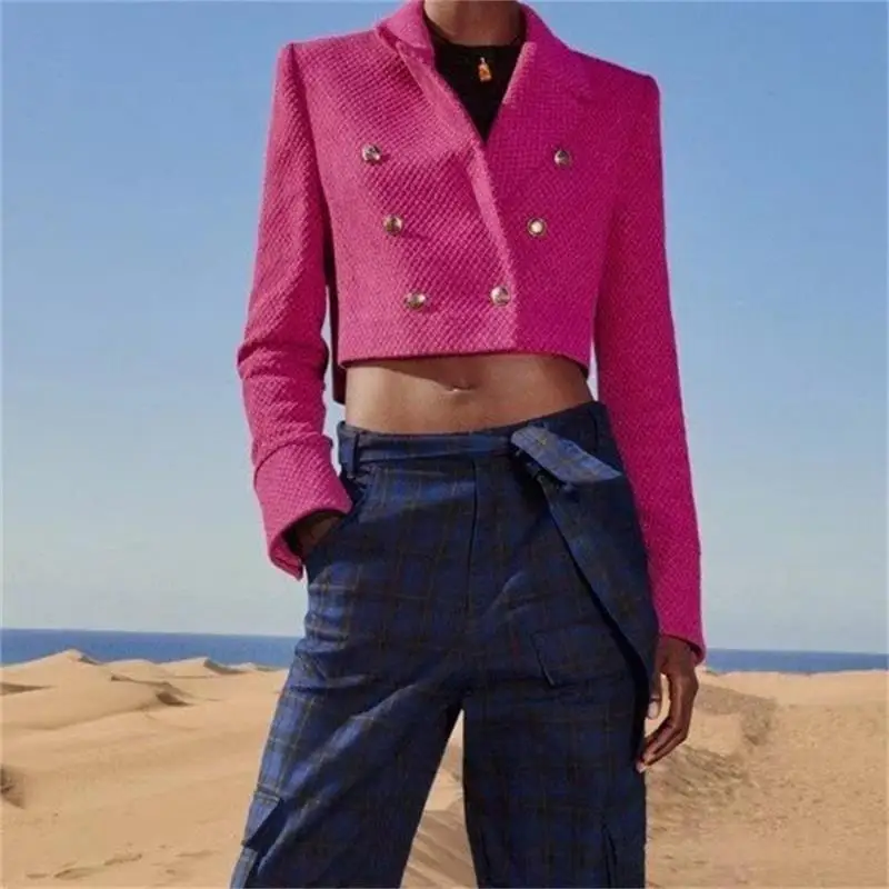 

Женский твидовый пиджак ZXQJ, Модный укороченный пиджак с металлическими пуговицами, винтажная верхняя одежда с длинным рукавом, шикарные то...