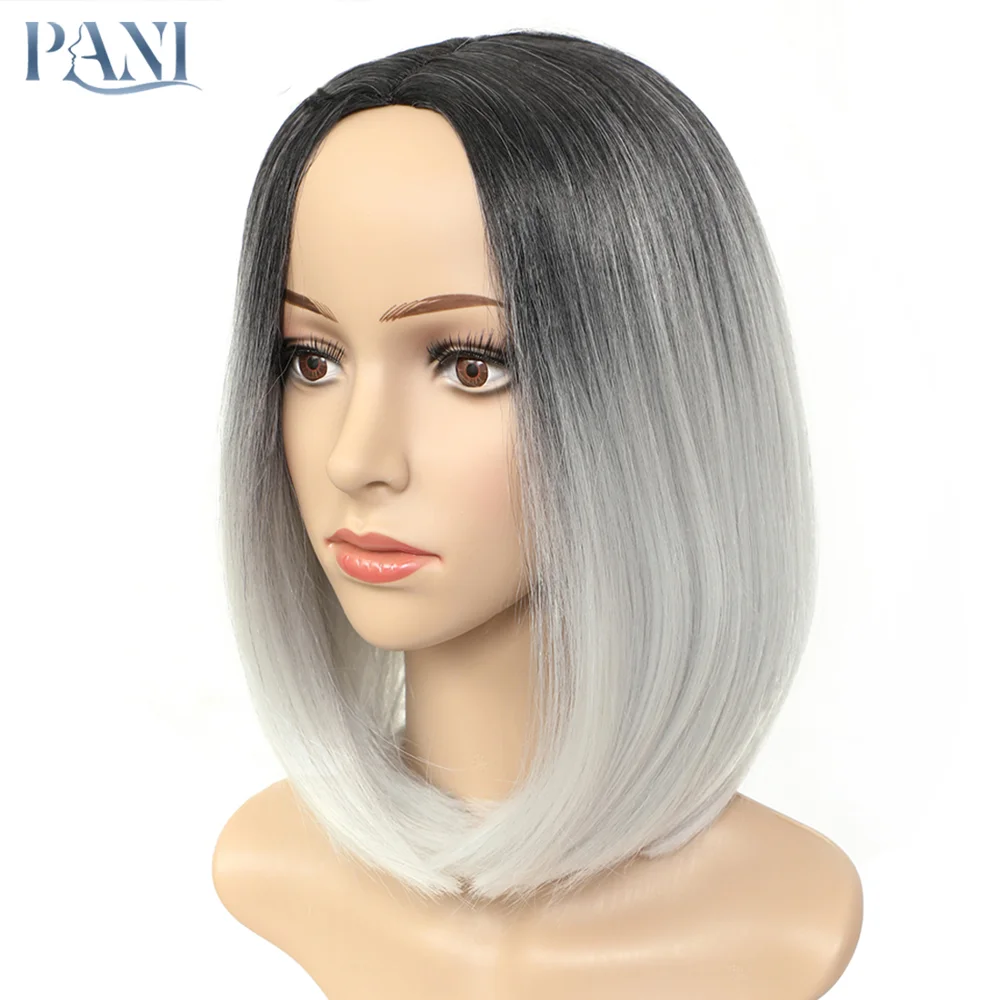PANI женские короткие парики парик из серебристого Боба с темным корнем