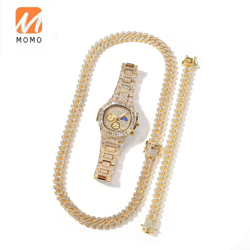 

Новый модный трендовый костюм, часы со встроенными бриллиантами, позолоченное ожерелье, браслет, набор украшений