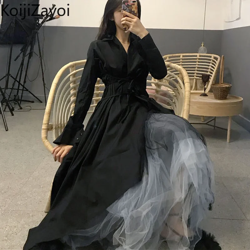 

Женское платье в французском стиле Koijizayoi, Черное длинное Сетчатое платье с длинным рукавом и V-образным вырезом, элегантное платье на шнуров...