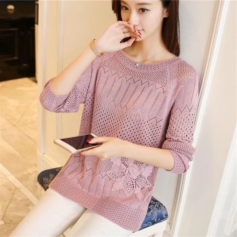 Свитер-пуловер с круглым вырезом ажурный тонкий свитер вышивкой Базовая рубашка