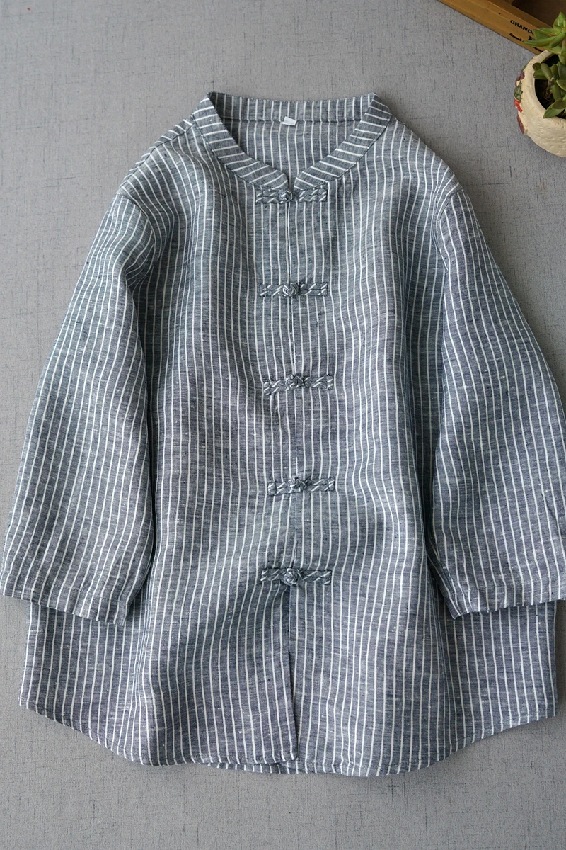 

Spring Summer Women Loose Plus Size Vintage Chinese Buttons Three Quarter Sleeves Comfortable Water Washed Linen Shirts/Blouses