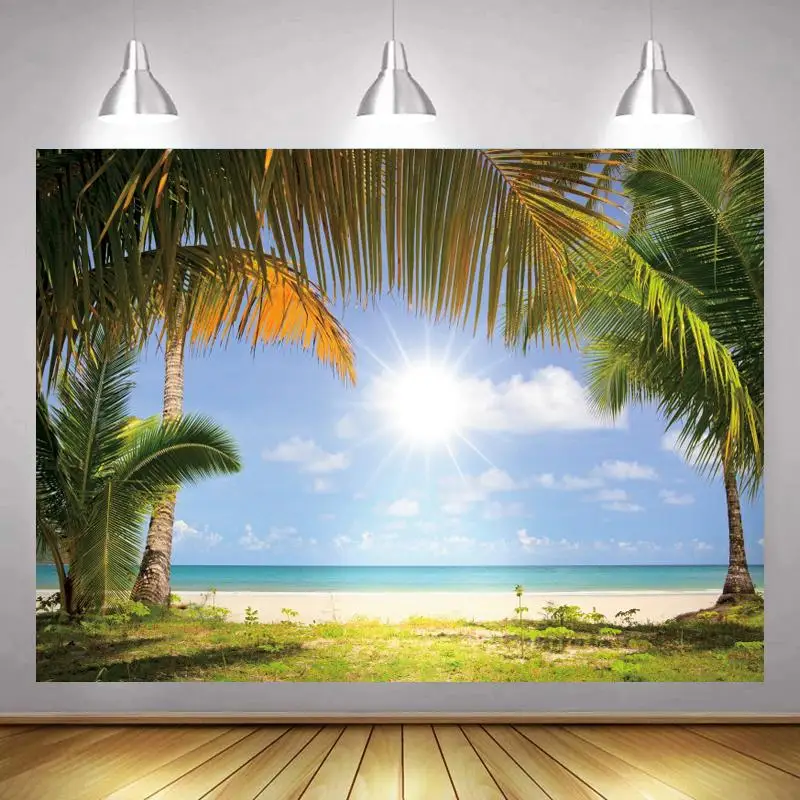 

Bright Sunshine Summer Beach Photography Background Palm Trees Blue Sky Room Decor Natural Scenic Backdrop For Photography