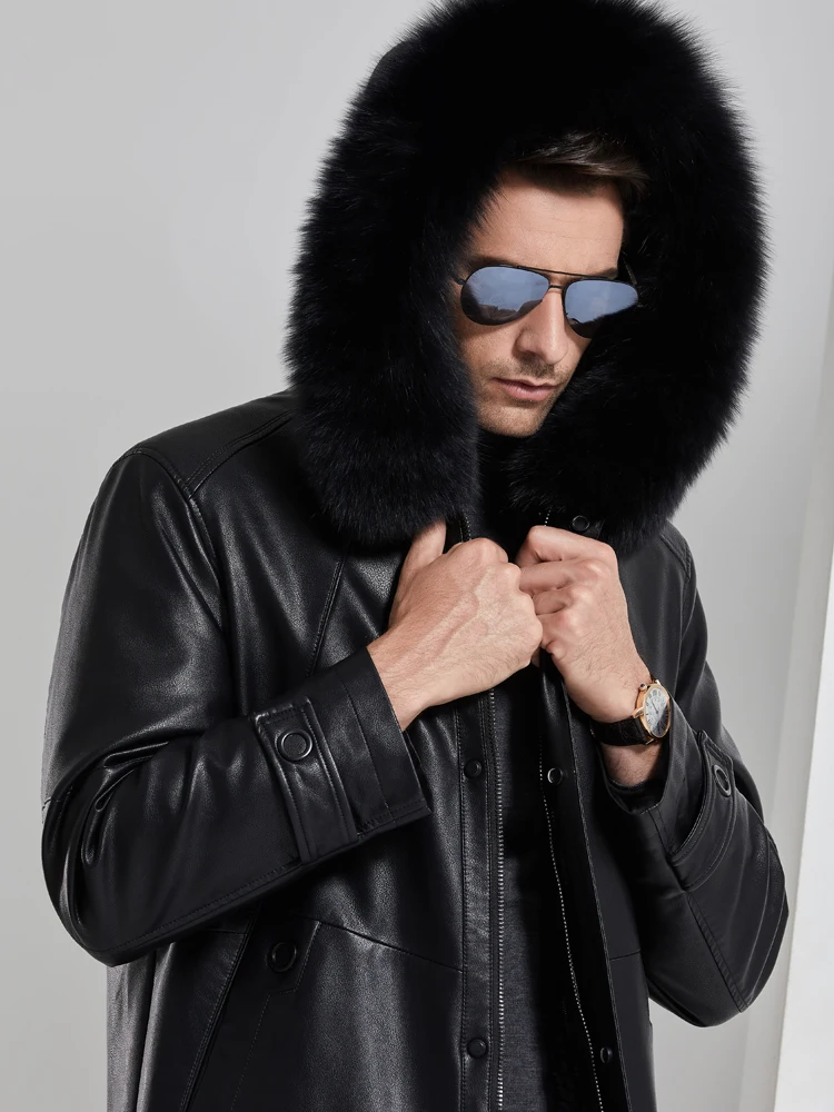 

Fashion Jacket Men Medium Long Black Leather Jacket Men Fur Hat Fur Inside Warm Winter Leather Jacket Men Ecological Leather