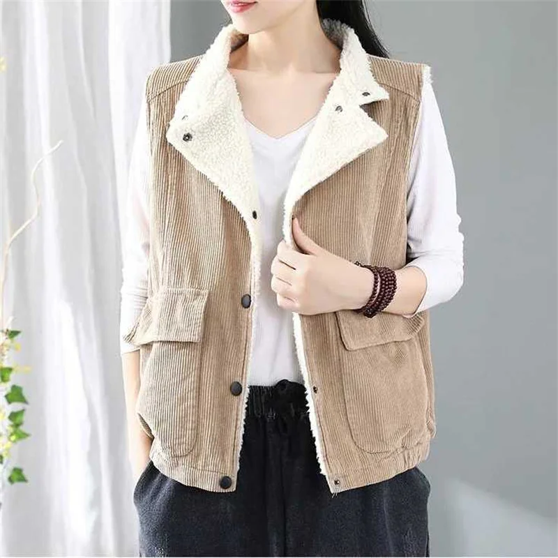 

Retro Corduroy Waistcoat Women Velvet Padded Lamb Velvet Sleeveless Vest Jackets Spring And Autumn Blazer Jacket Female