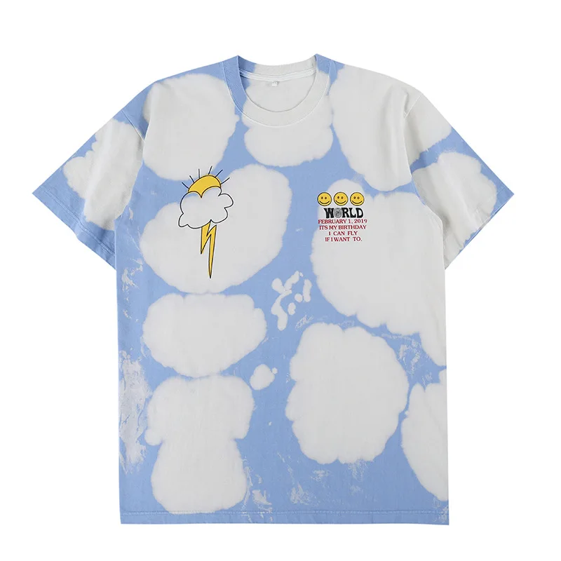 

Fgss men's fashion brand Kanye tie dyed blue sky and white clouds loose short sleeve T-shirt