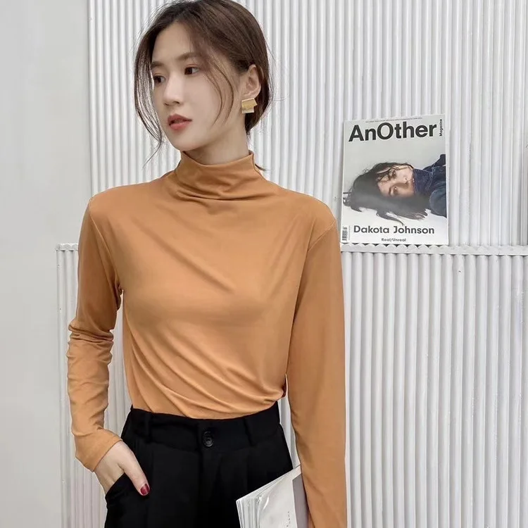 

Modal Pile Neck Korean Solid Color Elastic Bottomed Shirt with Long Sleeve