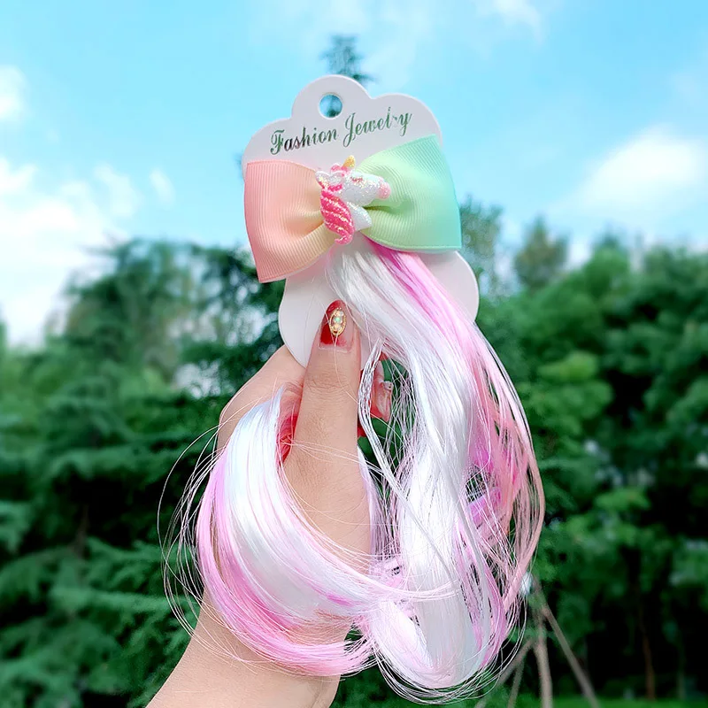 

2021 New Cartoon Unicorn Hair Clip Cute Girl Color Star Wig Hairpins Bow Headdress Barrettes Kids Ponytail Hair Accessories