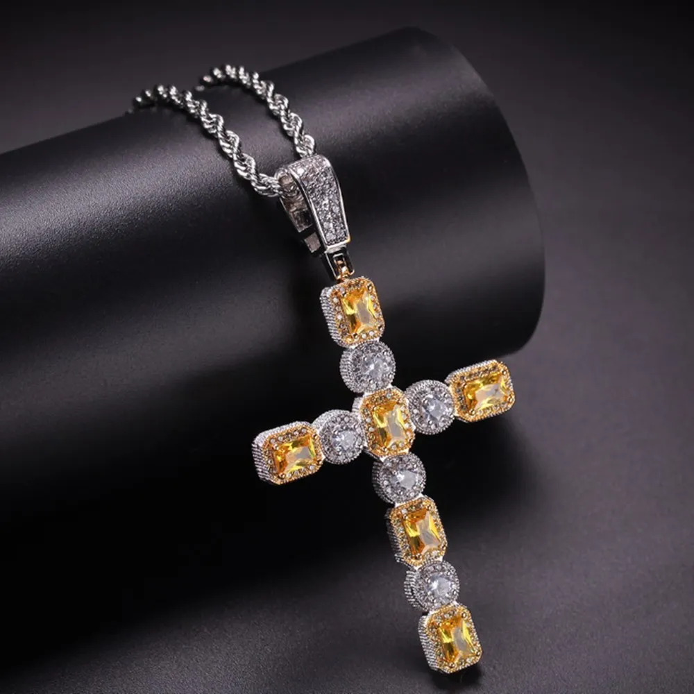

Hip Hop Men Fashion Gold Color Square Large Zircon Cross Pendant Crystal Miami Ice Out Cuban Neckalce Chain For Men