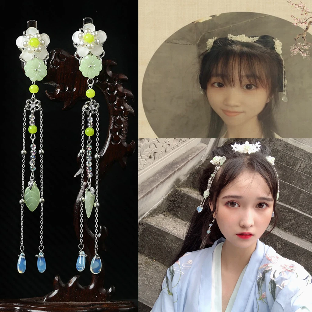 

Винтажные заколки для волос-заколки для волос с жемчугом и нефритом в виде цветов, висячая заколка для волос-украшения для волос для девочек