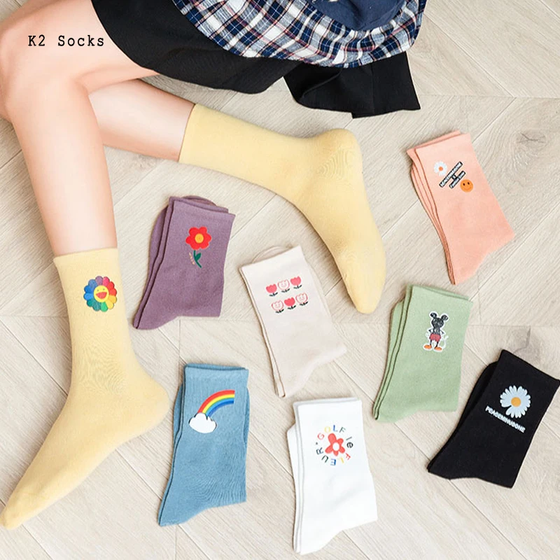 

Kawaii Flower Rainbow Girls Sockings Funny Cotton Harajuku Solid Color Graffiti Daisy Fashion Soft Dropshopping Men Women Socks