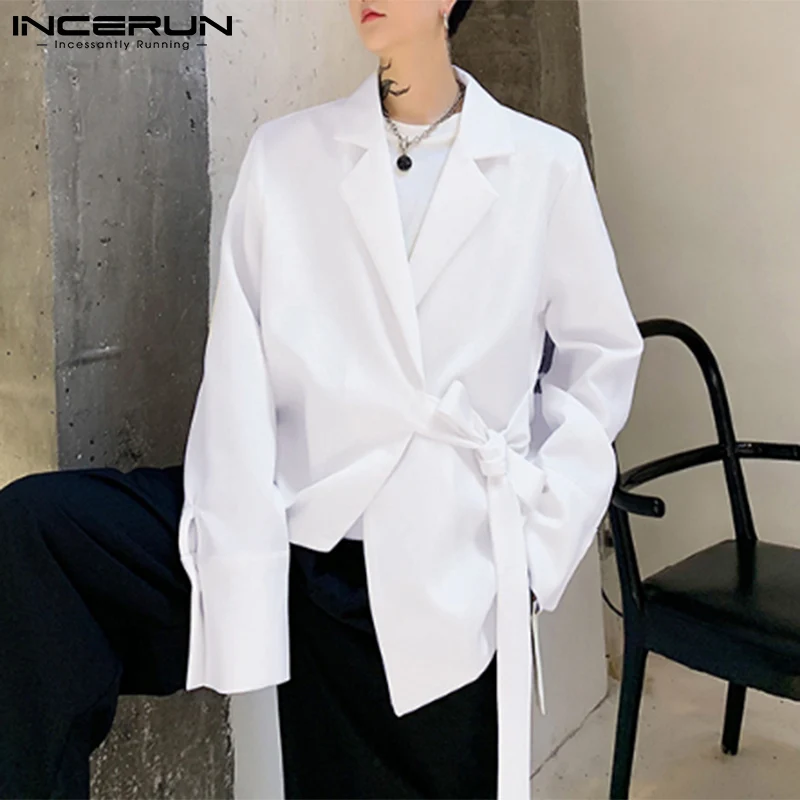 

Fashion Men Blazer Solid Color Lapel 2022 Long Sleeve Streetwear Irregular Men Suits Lace Up Elegant Casual Thin Coats INCERUN
