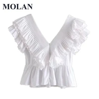 molan women sexy chiffon white summer shirts v neck short sleeve solid female 2021 new fashion backless party top