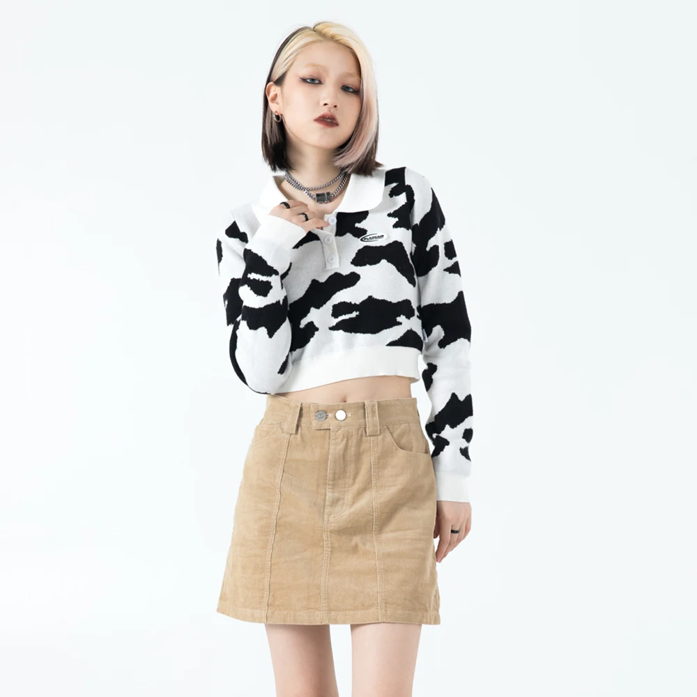 

Dark Icon Cow Turn-down Collar Cropped Sweater Women Fashion Knitwear Pullover Sweaters