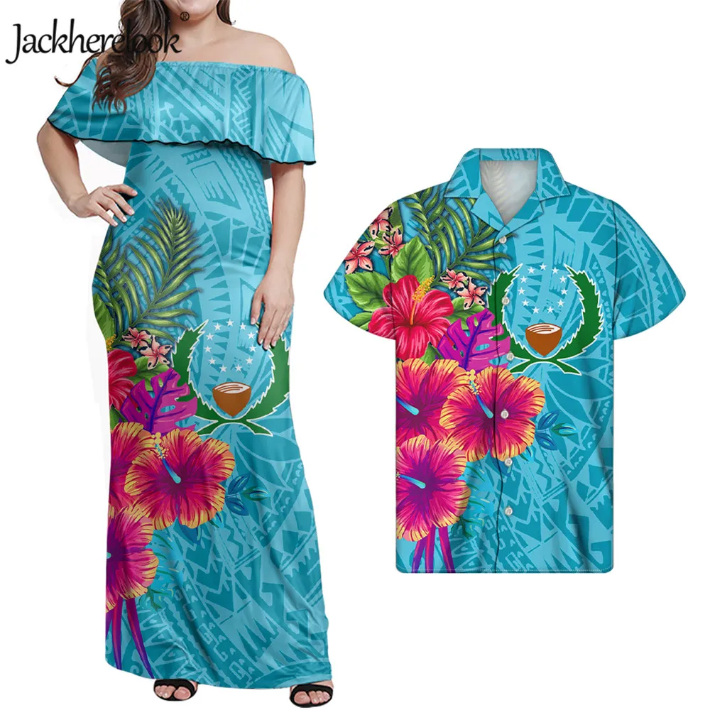 

Jackherelook Elegant Hawaii Outfits Sexy Bodycon Maxi Dress Pohnpei Polynesian Tribal Plumeria Floral Print Off Shoulder Dresses