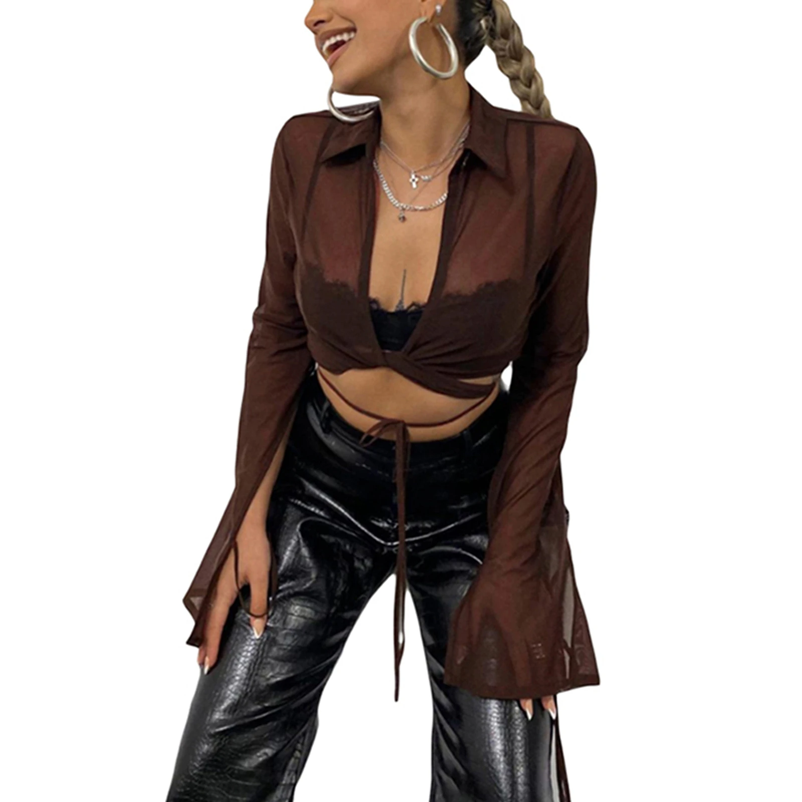 

Ladies Sexy Mesh Midriff-baring Tops Autumn Women Solid Color Lapel Long Sleeve Perspective Tie Up Cardigan Base Shirt