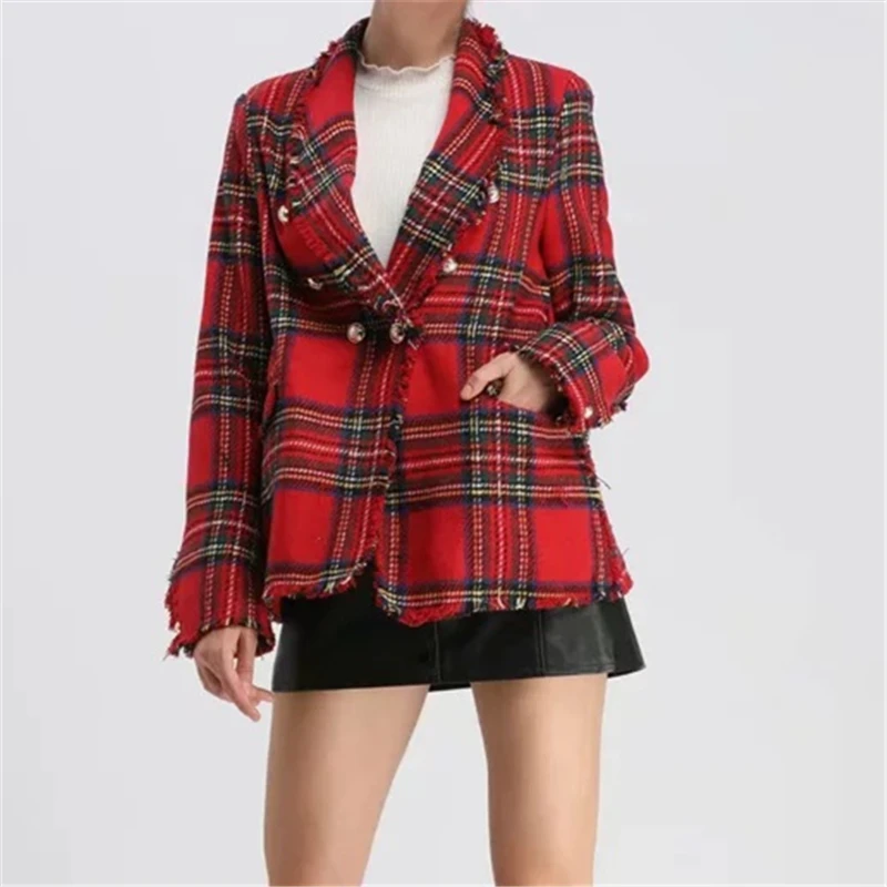 Твидовый пиджак женский винтажный красный клетчатый элегантный офисный