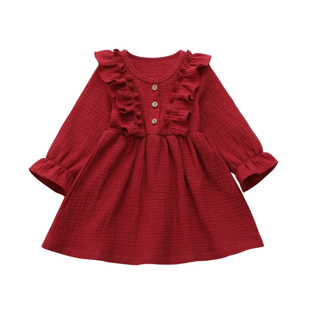 

New Spring Autumn Clothing Children Linen Girls Long T-shirt Dress Kids Tops Tee Ruffled Comfortable button Long Sleeve Dress