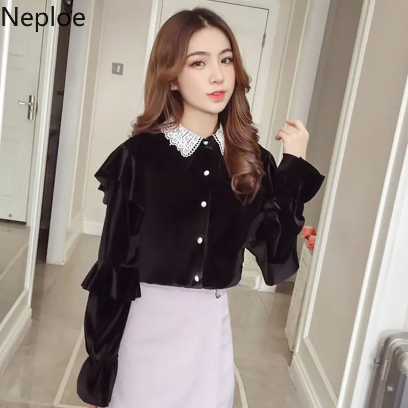Neploe элегантная плиссированная золотистая Вельветовая Нижняя блузка с отложным