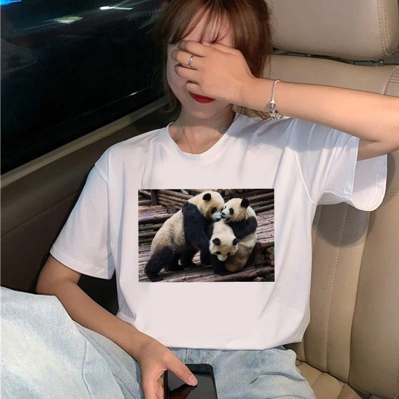 

Panda Zoo Printing Women T shirt Casual Tees Lady Aesthetic Summer Short Sleeve O-neck Women Tops Tshirt