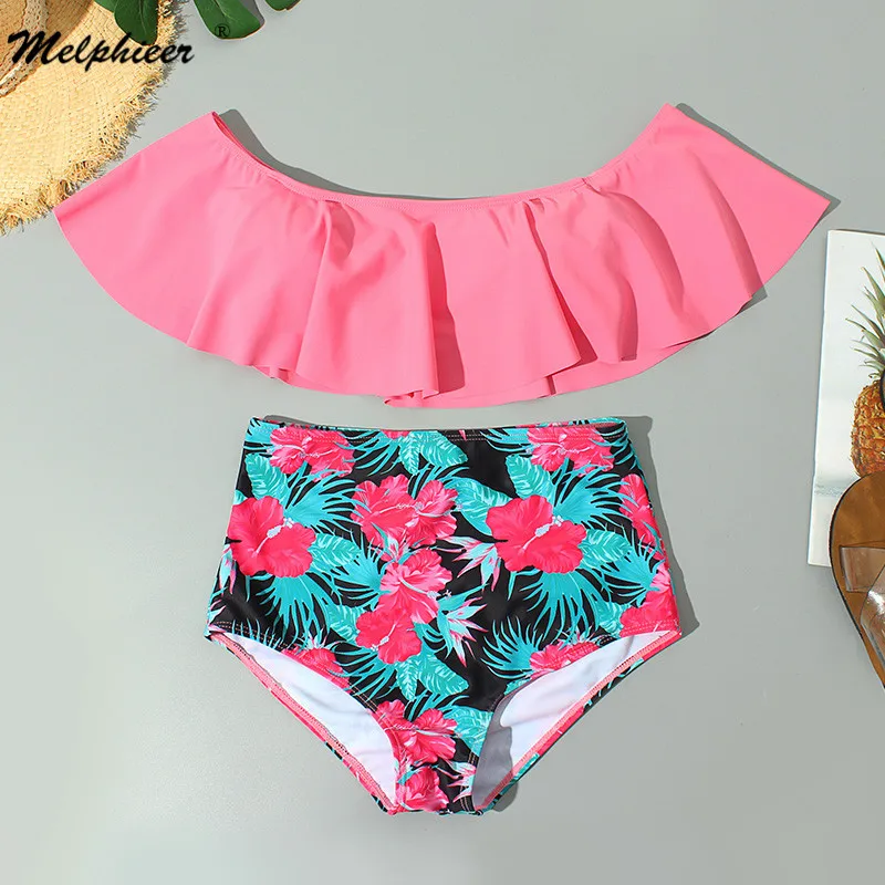 Женский купальник с высокой талией бикини оборками и цветочным принтом