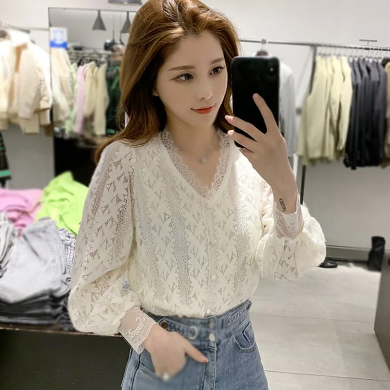 Женское милое кружевное шифоновая блузка в Корейском стиле Модная рубашка с