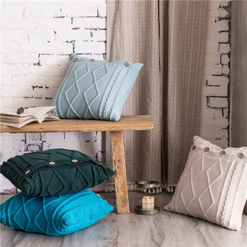 

Nordic Twisted Pair Knitted Cushion Cover 45cm*45cm Pillowcase Blue Dark Green Turquoise Ivory Button Opening