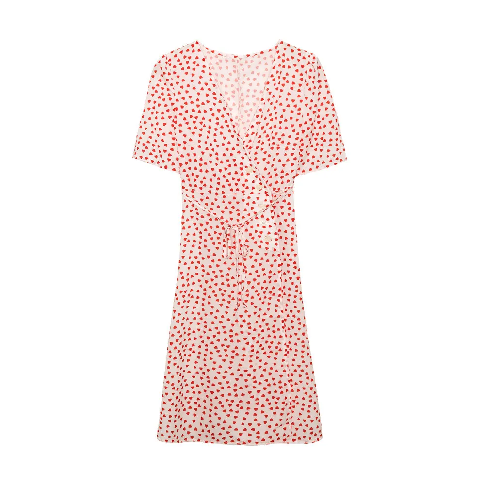 Женское платье в стиле ретро миди с коротким рукавом V-образным вырезом и