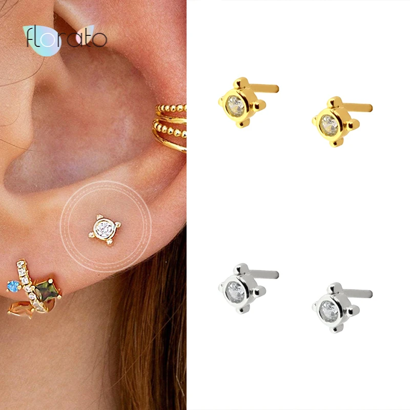 

Gold Silver Color Crystal Stud Earrings For Women 925 Sterling Silver Simple Cute CZ Small Earrings New Fashion Korean Jewelry